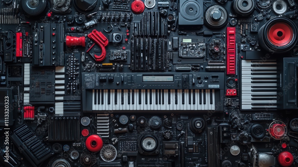 musical instruments made of plastic parts arranged in an abstract shape that resembles iconic symbol. At its center stands two keyboards, one being transparent with visible internal gears. musical instruments made of plastic parts arranged in an abstract shape that resembles iconic symbol. At its center stands two keyboards, one being transparent with visible internal gears.