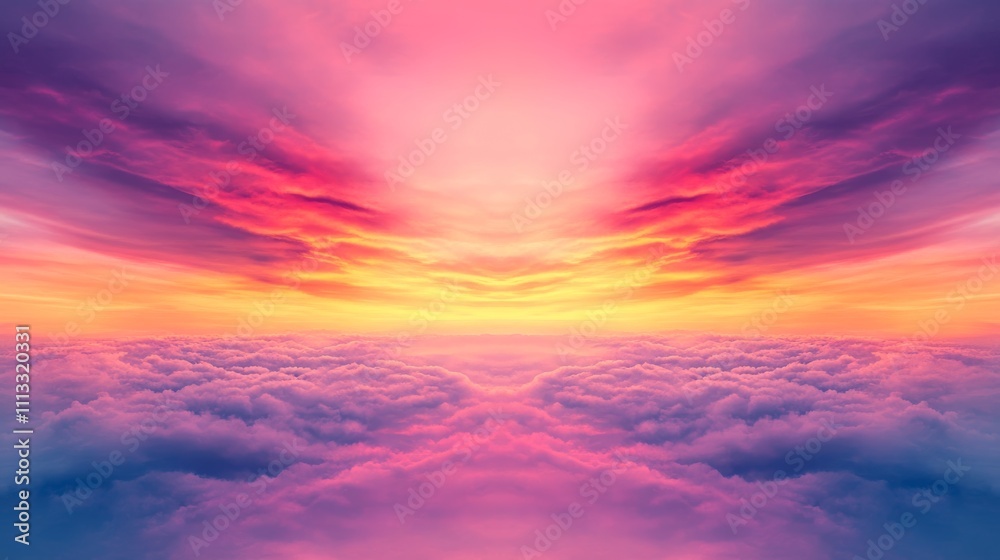 Fototapeta premium Dreamy sunset above a sea of clouds. Vivid pink, orange, and purple hues paint the sky.