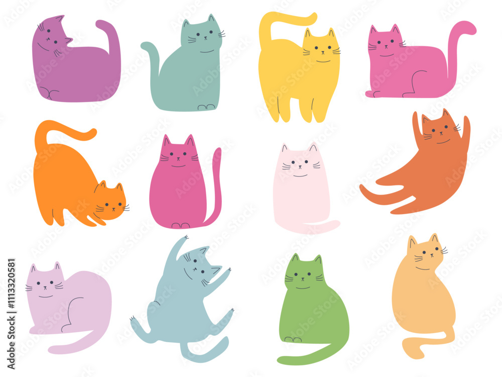 Funny colorful cats. Isolated simple flat cat in different poses. Children stickers vector clipart