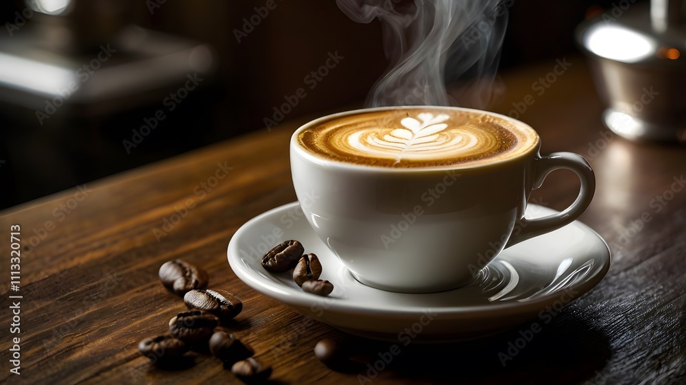 Steaming Cup Of Coffee With Latte Art On Wooden Table Surface Steaming Cup Of Coffee With Latte Art On Wooden Table Surface