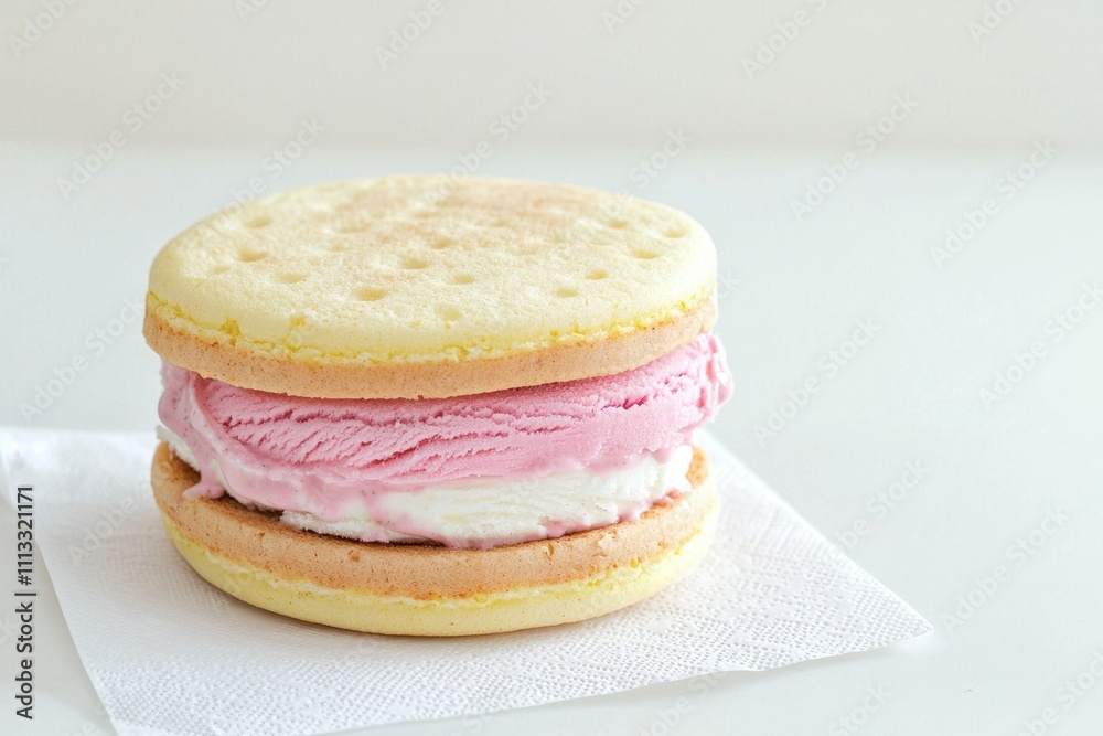 Delightful ice cream sandwich treat on a clean surface food photography minimalist setting close-up view indulging in sweetness and flavorful fun Delightful ice cream sandwich treat on a clean surface food photography minimalist setting close-up view indulging in sweetness and flavorful fun