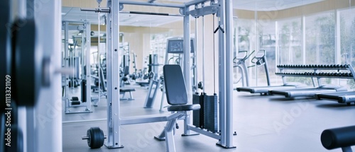 A contemporary fitness center with various exercise machines and free weights, Fitness center scene, Energetic and motivating style photo