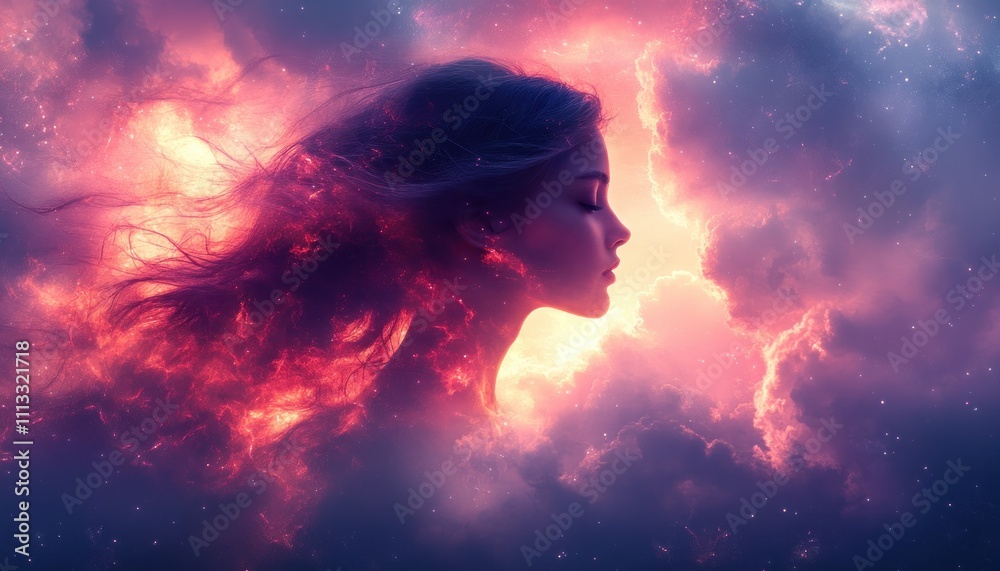 Watercolor Illustration of a Girl with Flowing Hair against a Dreamy Pastel Sky Watercolor Illustration of a Girl with Flowing Hair against a Dreamy Pastel Sky