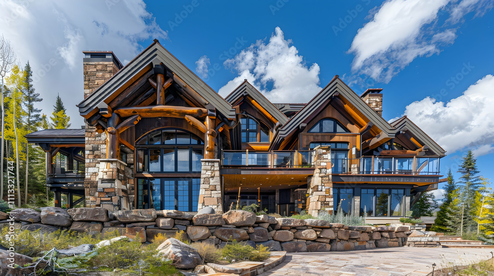 Luxurious mountain lodge exterior on a bright day with stone walls, rustic wooden beams, and large panoramic windows Luxurious mountain lodge exterior on a bright day with stone walls, rustic wooden beams, and large panoramic windows