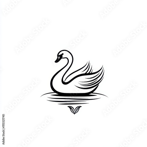 Elegant black and white swan silhouette on water, stylized design with decorative water and foliage elements. photo