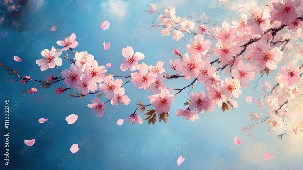 Dreamy Cherry Blossom Scene with Soft Pastel Colors and Gentle Petals Under Blue Skies Dreamy Cherry Blossom Scene with Soft Pastel Colors and Gentle Petals Under Blue Skies