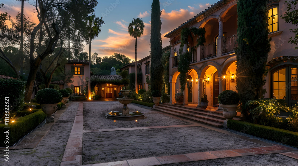 Fototapeta premium Mediterranean estate with torch-lit pathways, casting warm shadows on stucco walls and terracotta tiles