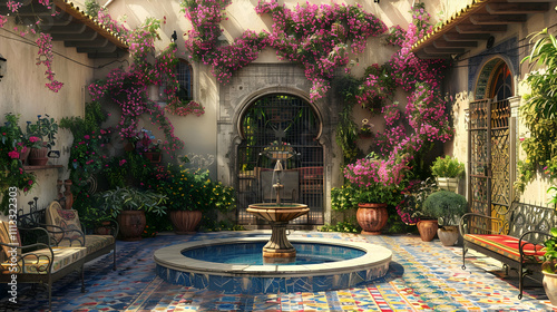 Mediterranean courtyard with wrought iron furniture, a tiled fountain, and colorful bougainvillea vines