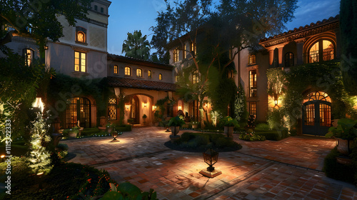Mediterranean estate with torch-lit pathways, casting warm shadows on stucco walls and terracotta tiles