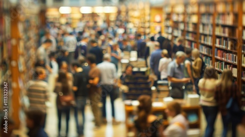 Blurred crowds engrossed in discussions about their latest book finds.