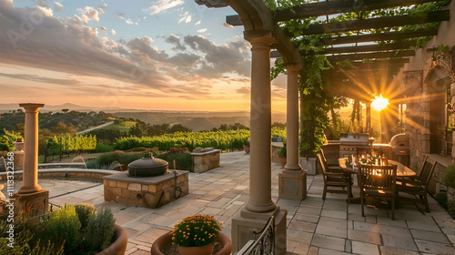 Mediterranean villa at sunset: Tuscan-inspired patio with stone columns, a wood-fired pizza oven, dining pergola, vineyard views, and a fountain photo