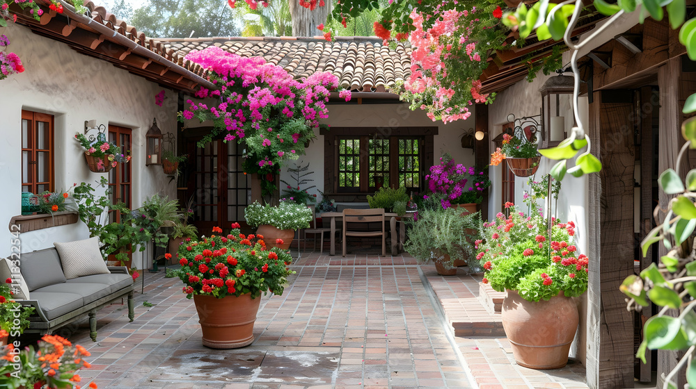 Mediterranean villa with a courtyard patio, terra cotta pots filled with vibrant flowers, and a shaded lounge area