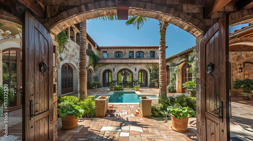Mediterranean villa interior with rustic wooden beams, arched doorways opening to a courtyard pool, and lush greenery under a clear blue sky