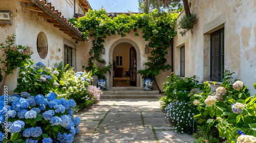 Mediterranean villa with an arched doorway, stucco facade, and cascading hydrangea vines in a sun-drenched courtyard