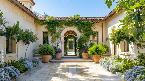 Mediterranean villa with an arched doorway, stucco facade, and cascading hydrangea vines in a sun-drenched courtyard