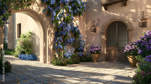 Mediterranean villa with an arched doorway, stucco facade, and cascading hydrangea vines in a sun-drenched courtyard