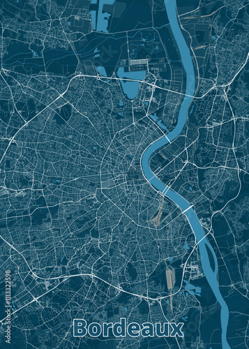 The image showcases a detailed map of Bordeaux, France, rendered in a minimalist style. The map is dominated by a deep blue background, with white lines representing roads and waterways.