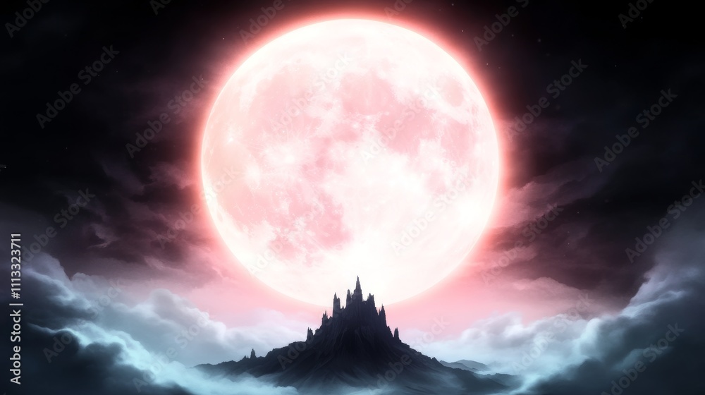 Enigmatic castle silhouetted against a surreal, pinkish full moon. A dreamy, atmospheric night scene. Enigmatic castle silhouetted against a surreal, pinkish full moon. A dreamy, atmospheric night scene.