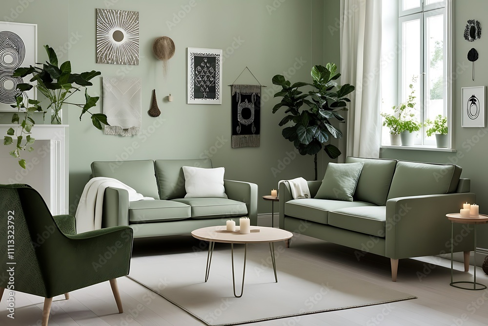 Sage green living room with two sofas, armchair, coffee table, plants, and wall art.