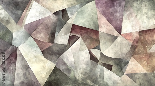 Abstract geometric artwork with muted tones and textured shapes.
