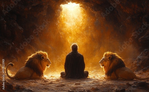 Daniel Praying in the Lions' Den Surrounded by Lions Ethereal Light Chiaroscuro Renaissance Painting