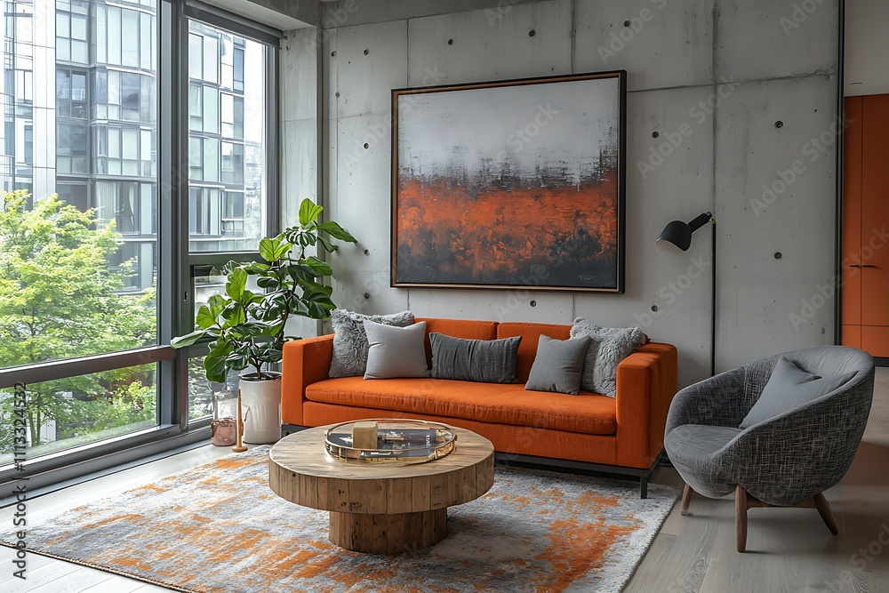 Modern living room with orange sofa, concrete wall, large window, and abstract art. Modern living room with orange sofa, concrete wall, large window, and abstract art.