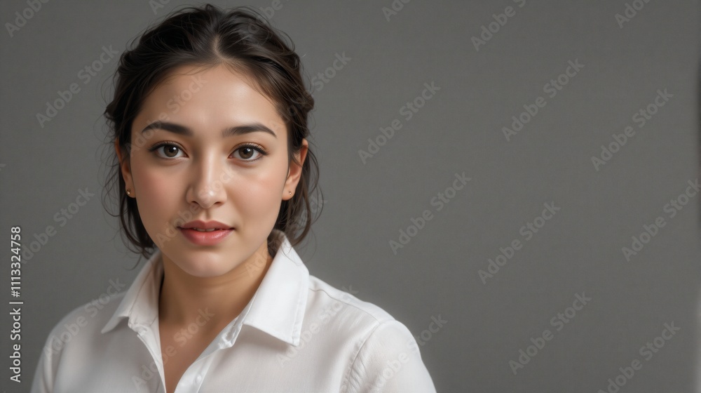 Portrait of a young woman in a white shirt with a calm expression on a gray background with copy space Portrait of a young woman in a white shirt with a calm expression on a gray background with copy space