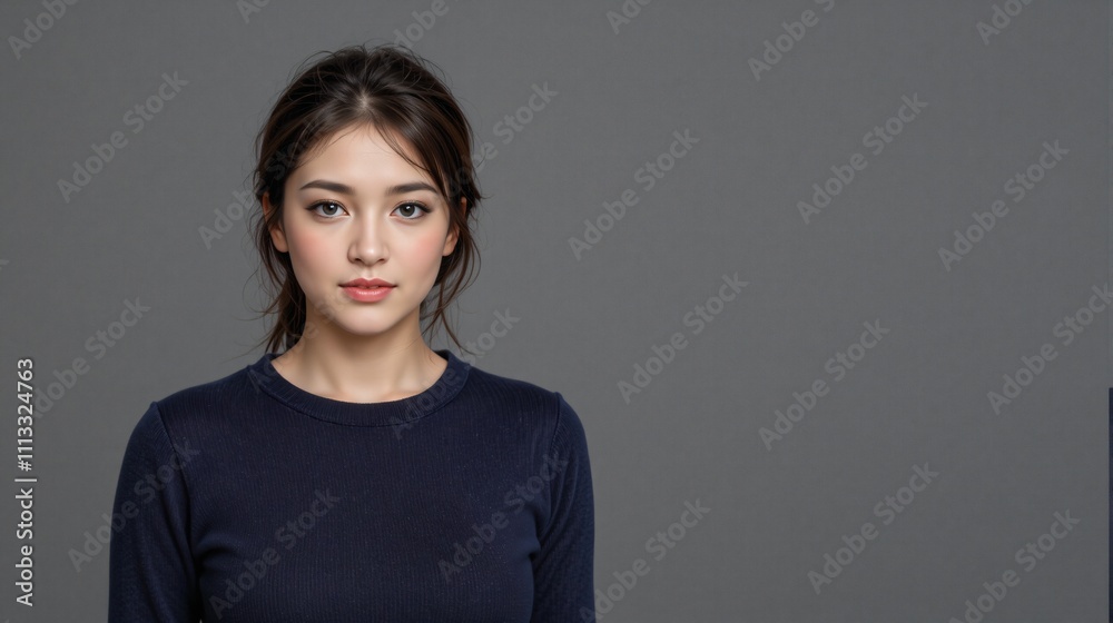Portrait of a serious young woman in a dark blue sweater on a gray background with copy space Portrait of a serious young woman in a dark blue sweater on a gray background with copy space