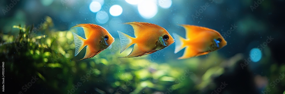 Naklejka premium Angelfish Tropical Aquarium with Green Aquatic Plants and Soft Lighting