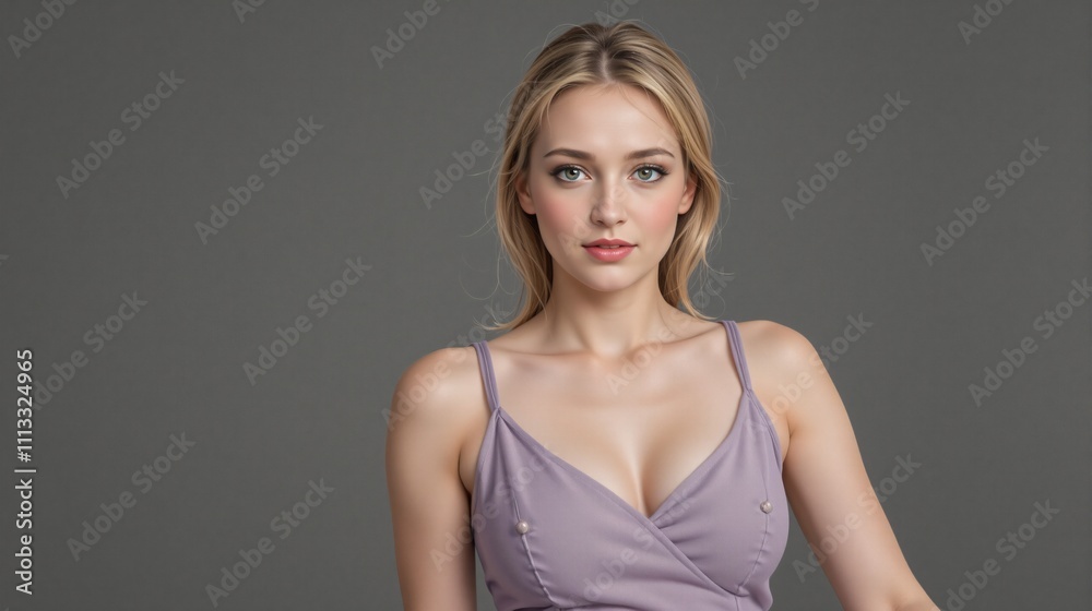 Fototapeta premium Young woman posing elegantly on a gray background with copy space