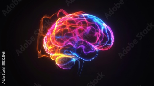 Glowing human brain illustration in center surrounded by dark background, featuring red, blue, yellow, pink, and orange colors