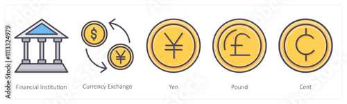 A set of 5 Business icons as financial institution, currency exchange, yen