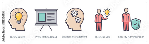 A set of 5 Business icons as business idea, presentation board, business management