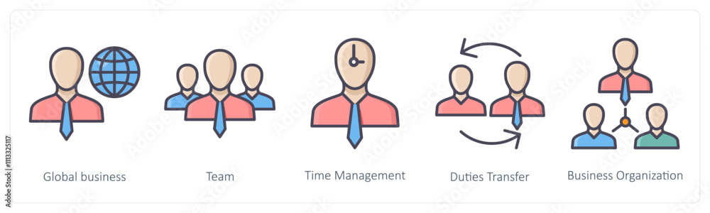 A set of 5 Business icons as global business, team, time management A set of 5 Business icons as global business, team, time management