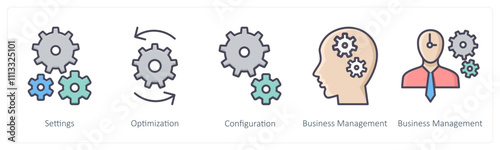 A set of 5 Business icons as settings, optimization, configuration