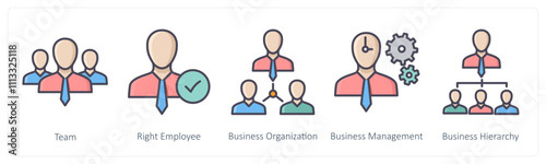 A set of 5 Business icons as team, right employee, business organization