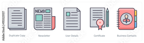 A set of 5 Business icons as duplicate copy, newsletter, user details