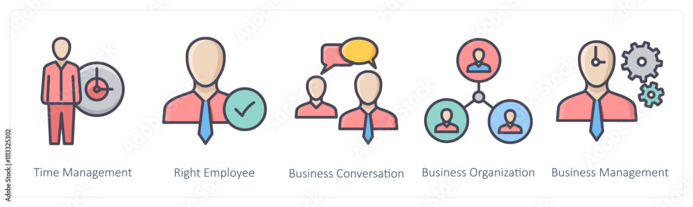 A set of 5 Business icons as time management, right employee, business conversation A set of 5 Business icons as time management, right employee, business conversation