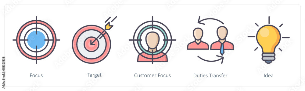 A set of 5 Business icons as focus, target, customer focus A set of 5 Business icons as focus, target, customer focus