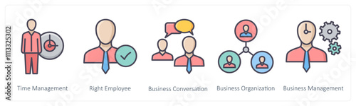 A set of 5 Business icons as time management, right employee, business conversation