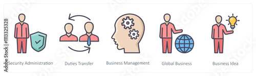 A set of 5 Business icons as security administrator, duties transfer, business management