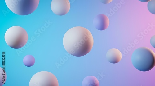 The image contains numerous pastel-colored spheres of varying sizes, floating against a vibrant blue to purple gradient background.