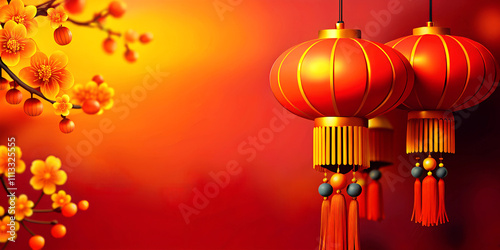 Chinese New Year background with Chinese lanterns, Chinese tassel and peach blossomon blur background. photo