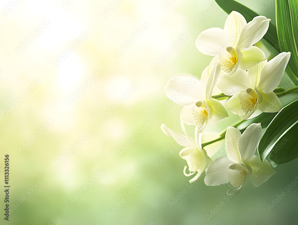 White orchids bloom gracefully in a soft light, highlighting their delicate petals and vibrant details in a serene natural setting White orchids bloom gracefully in a soft light, highlighting their delicate petals and vibrant details in a serene natural setting