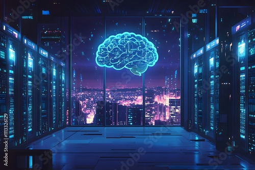 A digital illustration depicting an AI brain floating above rows of server cabinets, symbolizing the integration and protection of data in cloud storage