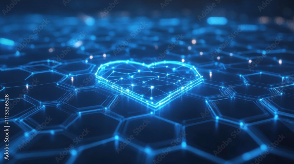 Obraz premium Heart Shape Made of Blue Digital Lines on Hexagonal Background