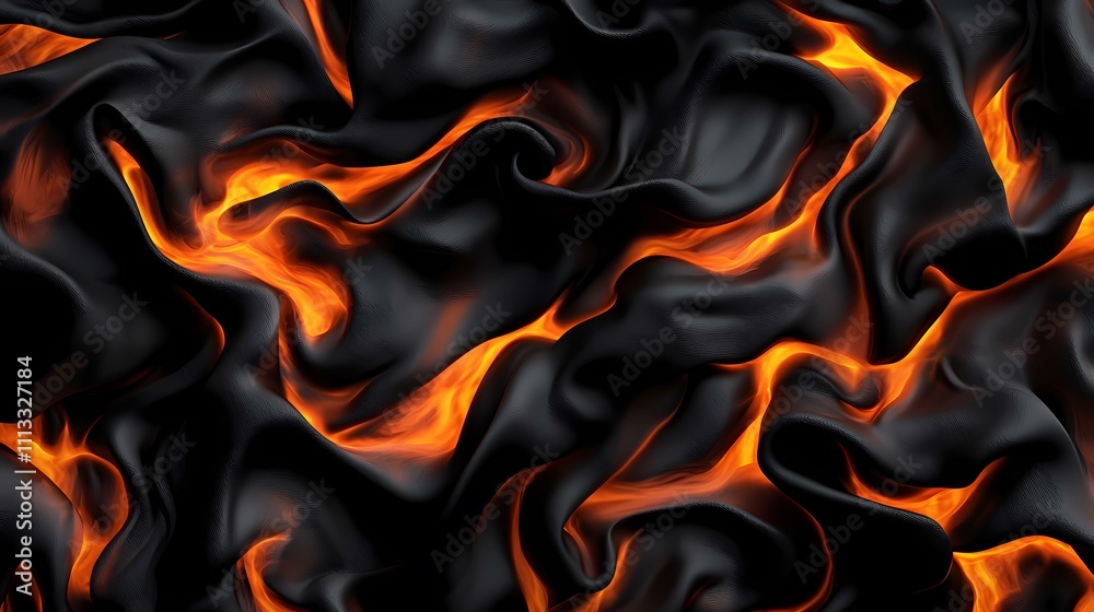 The image shows a dark, textured surface resembling draped fabric or molten material, with streaks of vibrant orange and yellow flames or glowing embers flowing through its folds.A medium description The image shows a dark, textured surface resembling draped fabric or molten material, with streaks of vibrant orange and yellow flames or glowing embers flowing through its folds.A medium description