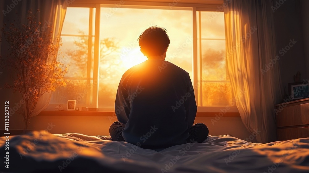 Melancholic Young Man Sitting on Bed in Sunlit Room Melancholic Young Man Sitting on Bed in Sunlit Room