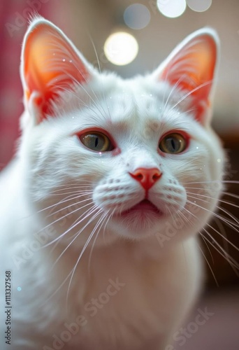 Close-up of a purebred white cat with a fluffy coat. The cat's piercing green eyes and pink nose are striking