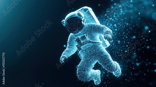 astronaut with digital data figure floating on dark blue background with glowing particle